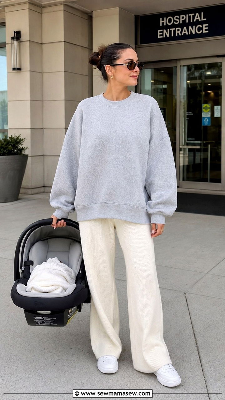 Oversized Sweatshirt and Wide Leg Pants Going Home - 20 Maternity outfit ideas going home from hospital