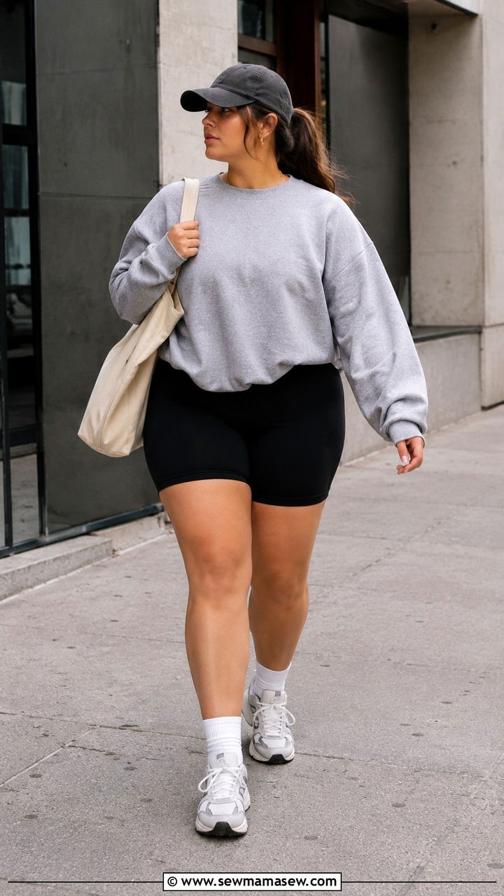 Oversized Sweatshirt with Biker Shorts - 30 Gym outfit ideas plus size