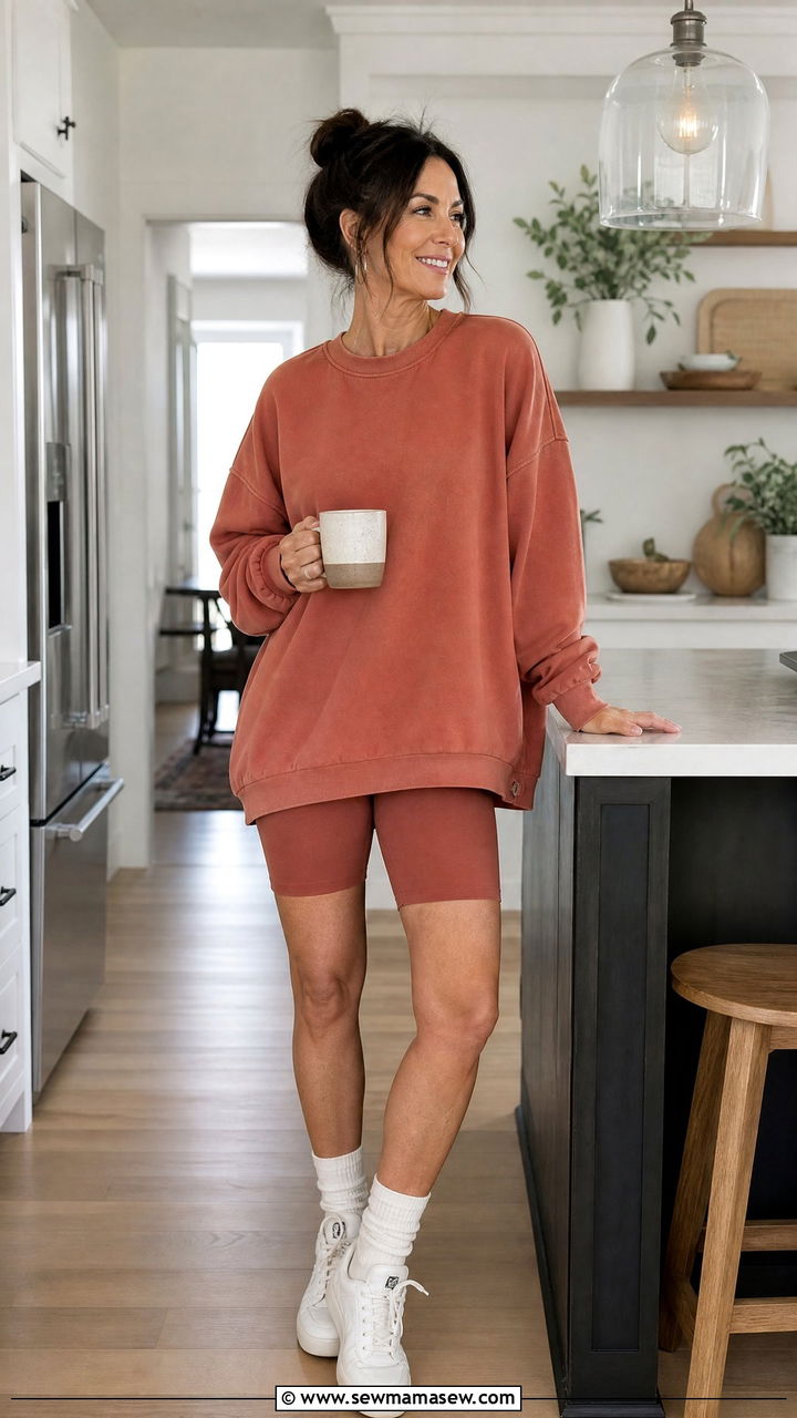 Oversized Sweatshirt with Biker Shorts Outfit - 35 Loungewear outfit ideas for women over 40