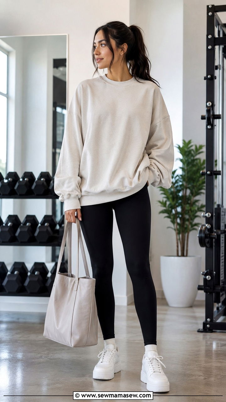 Oversized Sweatshirt with Black Leggings - 30 Modest outfit ideas for gym