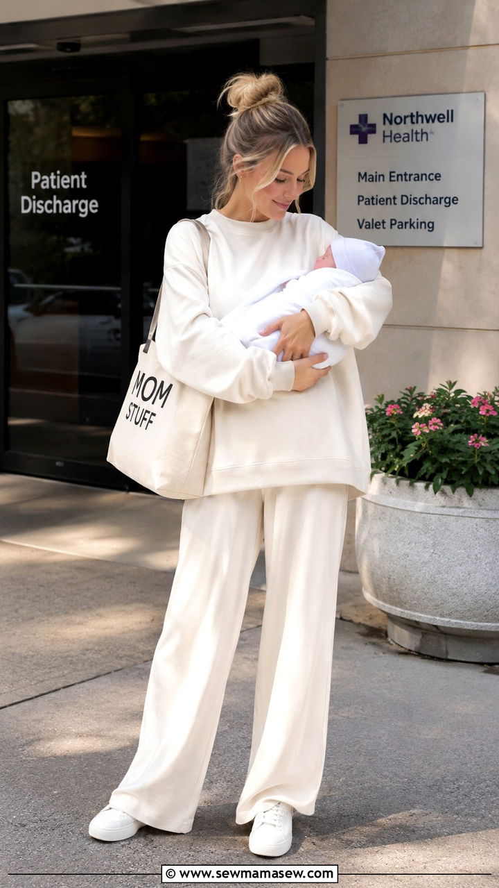 Oversized Sweatshirt with Wide Leg Lounge Pants - 20 Maternity outfit ideas come home outfit