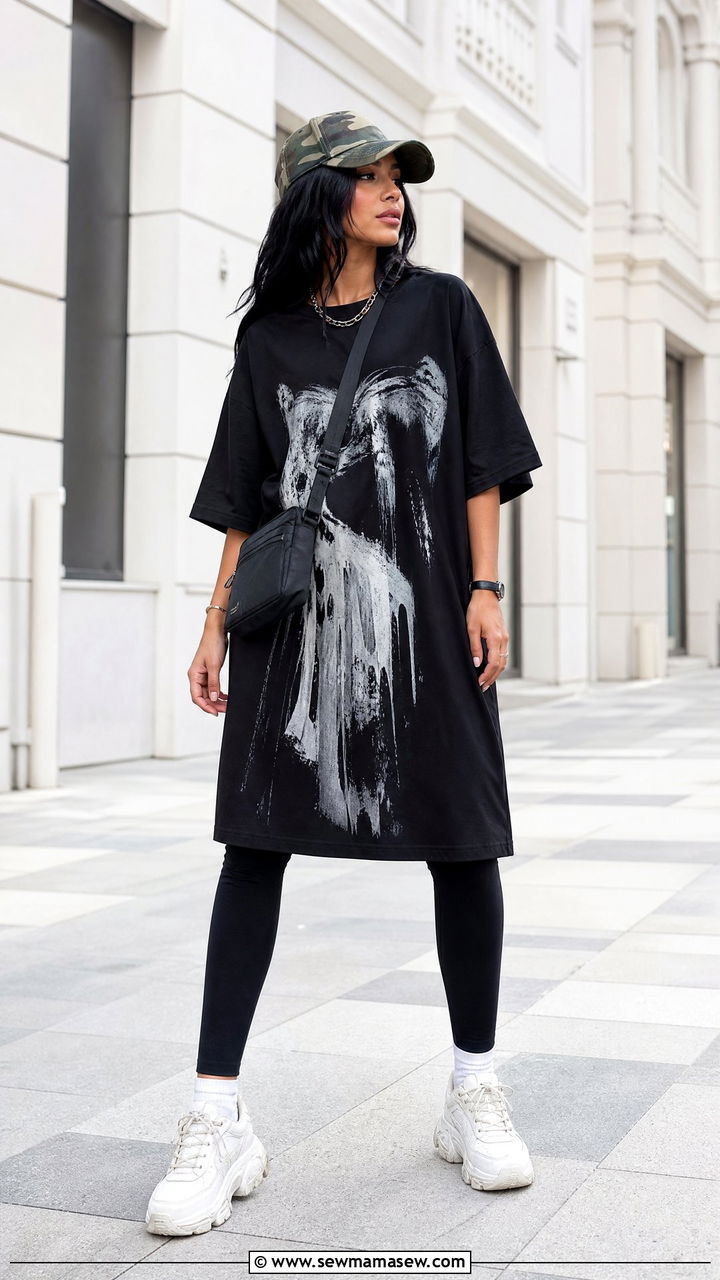 Oversized T Shirt Dress With Camo Cap And Chunky Sneakers - 35 Billie Eilish concert outfit ideas