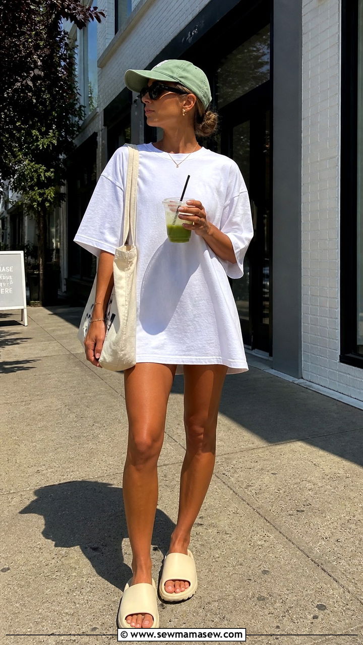 Oversized T Shirt Dress With Chunky Slides - 40 summer casual outfit ideas