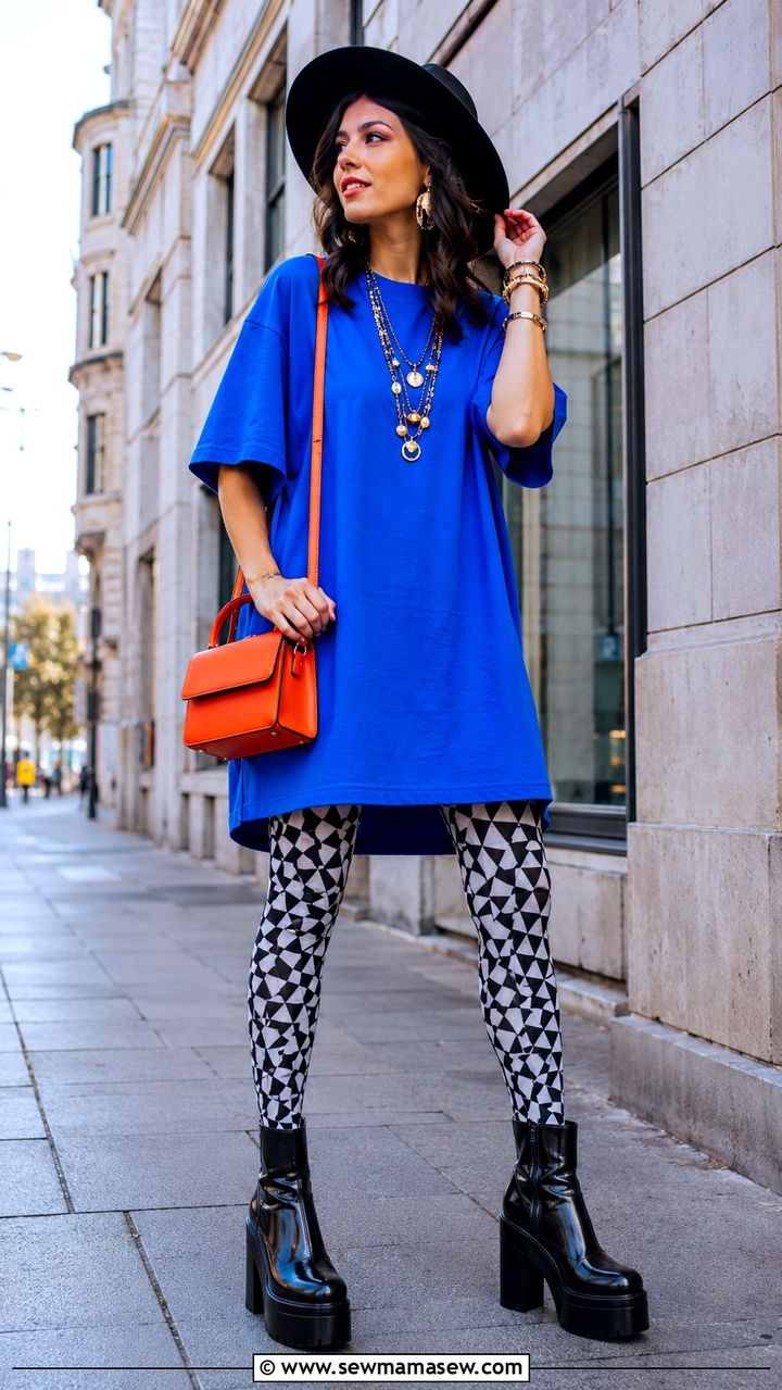 Oversized T Shirt Dress With Patterned Tights And Platform Boots - 30 casual maximalist outfits