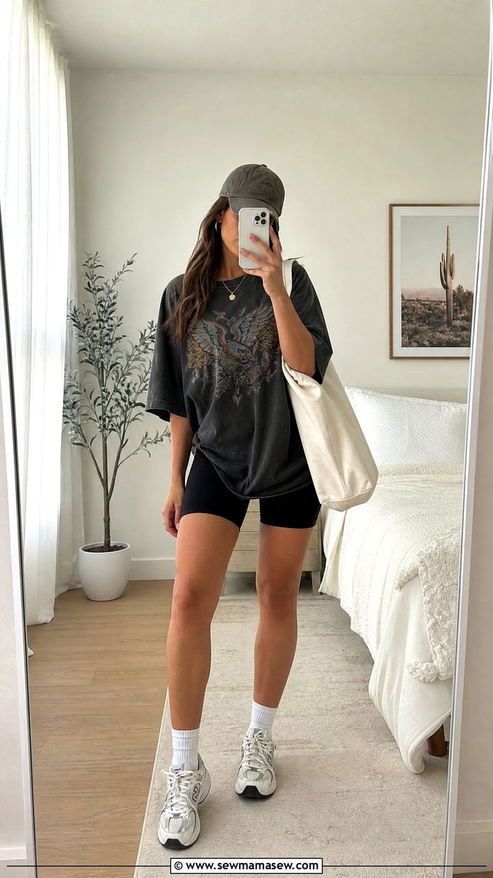 Oversized T Shirt With Biker Shorts And Crew Socks - 30 streetwear outfits ideas