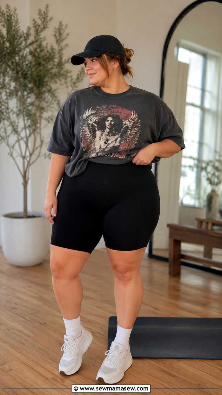 Oversized T Shirt and Biker Shorts - 30 Pilates outfit ideas plus size