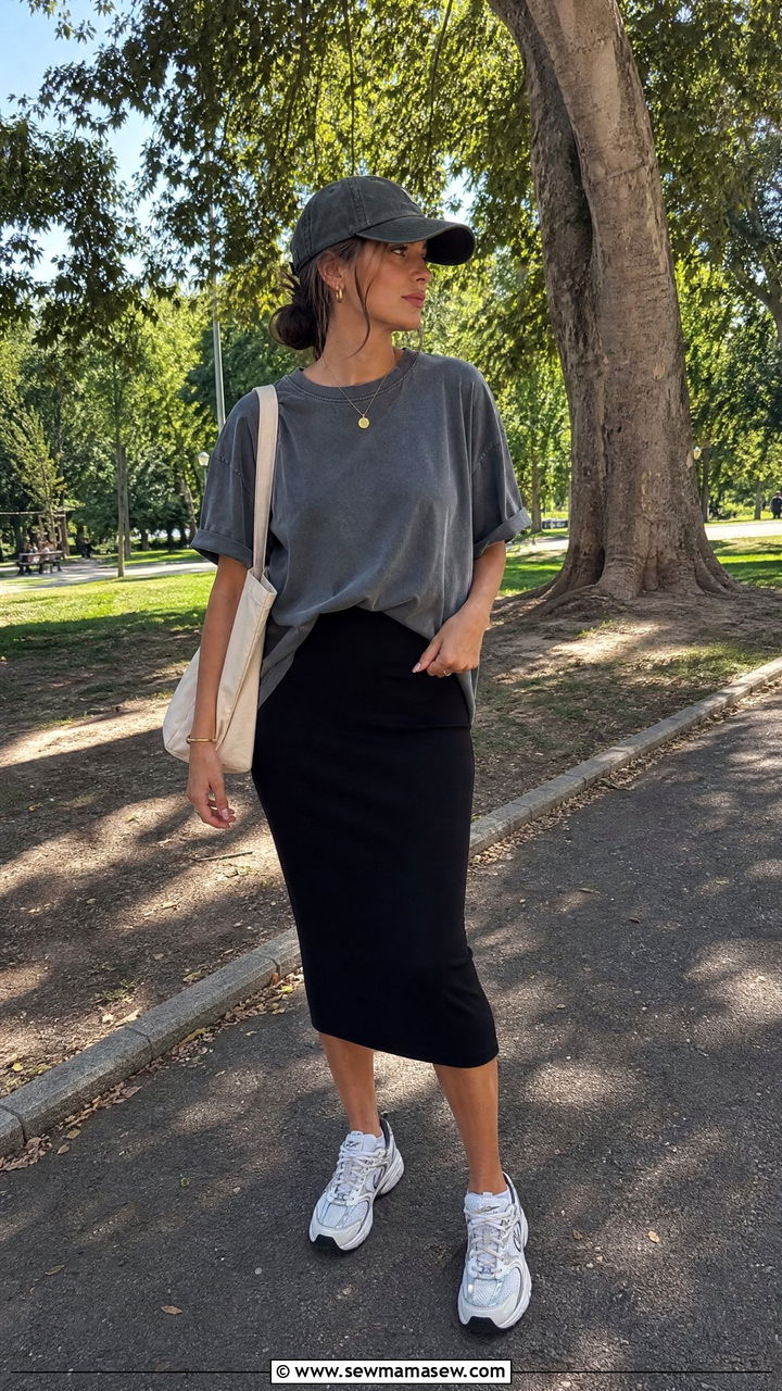Oversized T Shirt and Dad Sneakers with a Stretch Pencil Skirt - 30 casual pencil skirt outfits