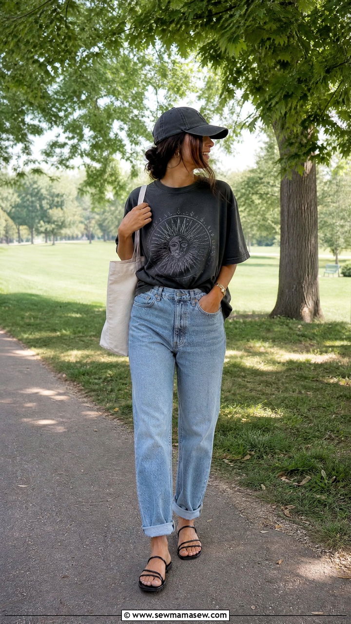 Oversized T Shirt and Mom Jeans with Black Sandals - 30 Summer outfits with mom jeans