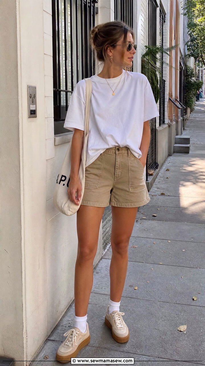 Oversized T Shirt with Khaki Shorts Laid Back Look - 25 Khaki shorts outfit ideas