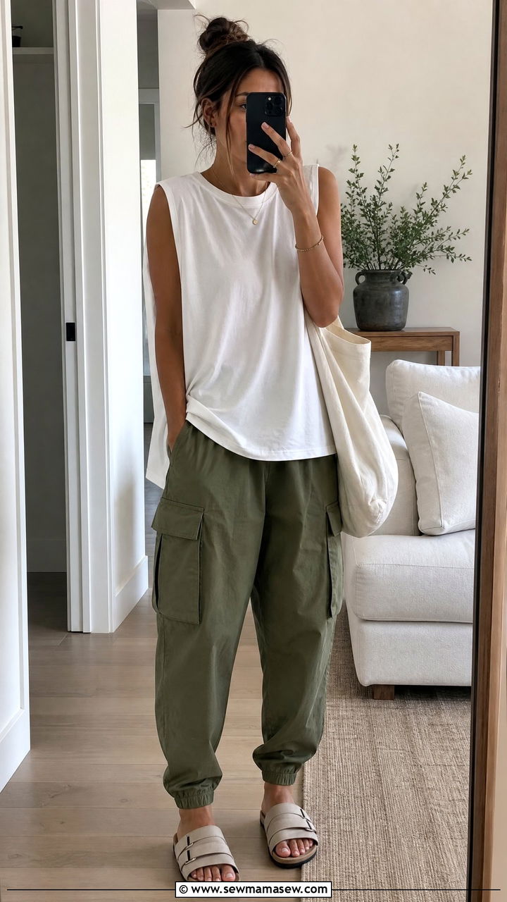 Oversized Tank Top With Cargo Pants and Slides - 25 Cargo pants outfit ideas with tank top