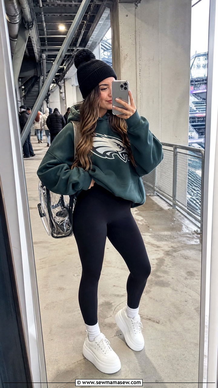 Oversized Team Hoodie With Black Leggings And Chunky Sneakers - 35 Gameday outfit ideas 2026