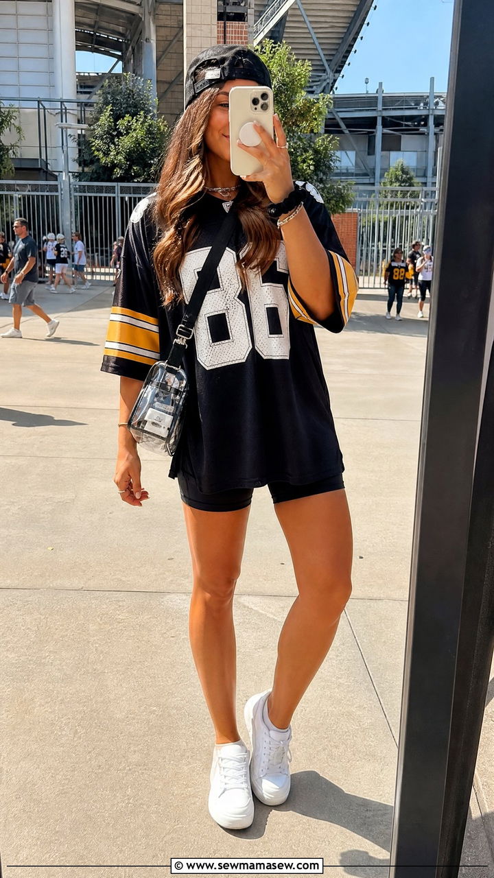 Oversized Team Jersey With Biker Shorts And Sneakers - 35 Gameday outfit ideas 2026