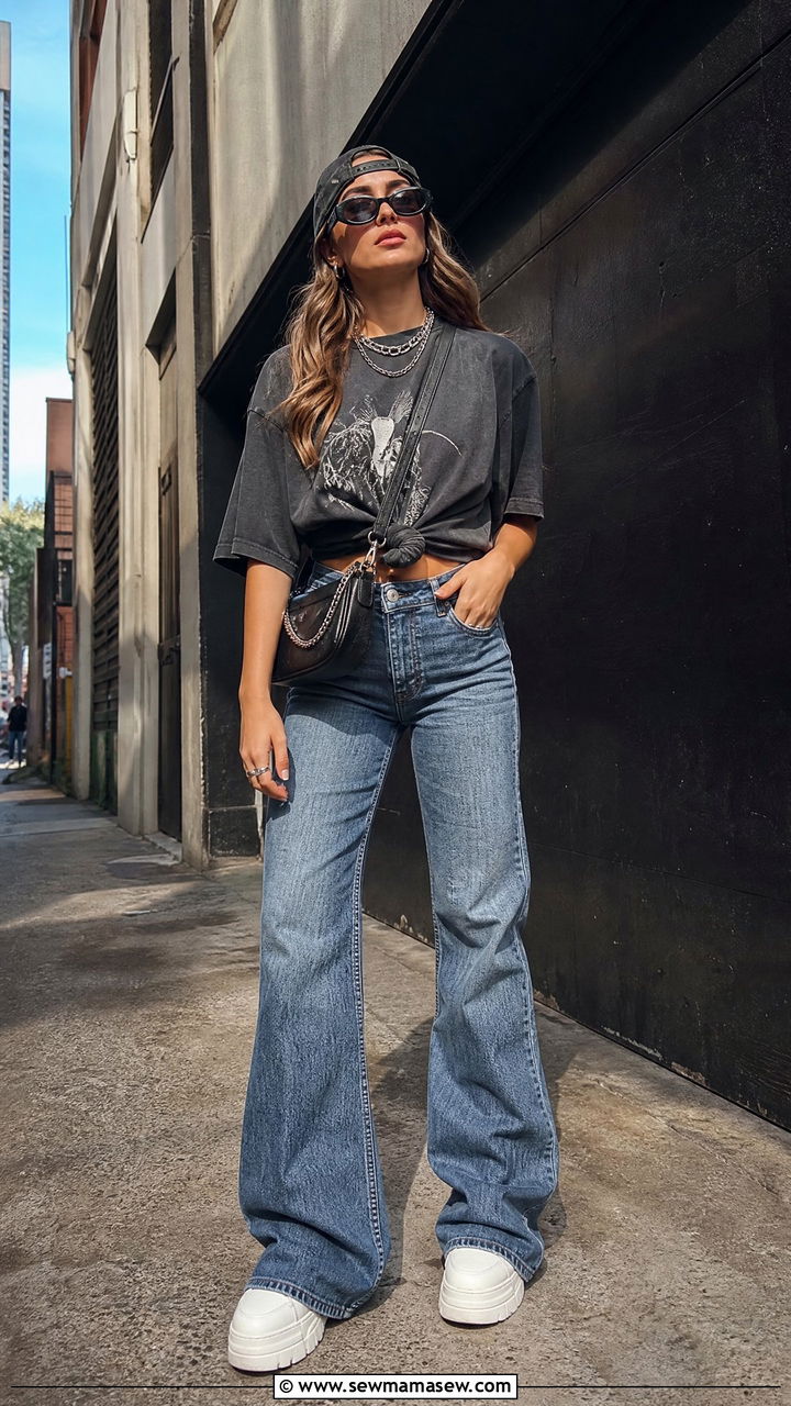 Oversized Tee And Flare Jeans Street Style - 30 Summer outfits with flare jeans