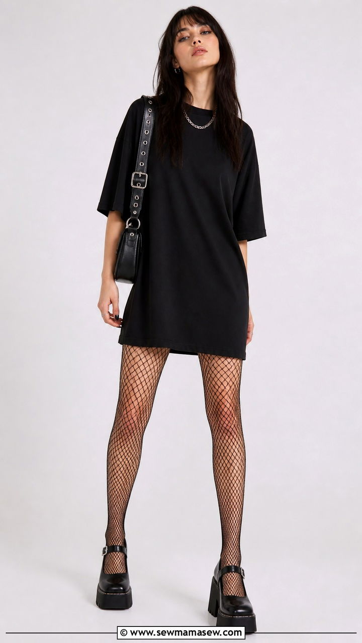 Oversized Tee Dress and Fishnets Grunge Style - 40 grunge outfits for women