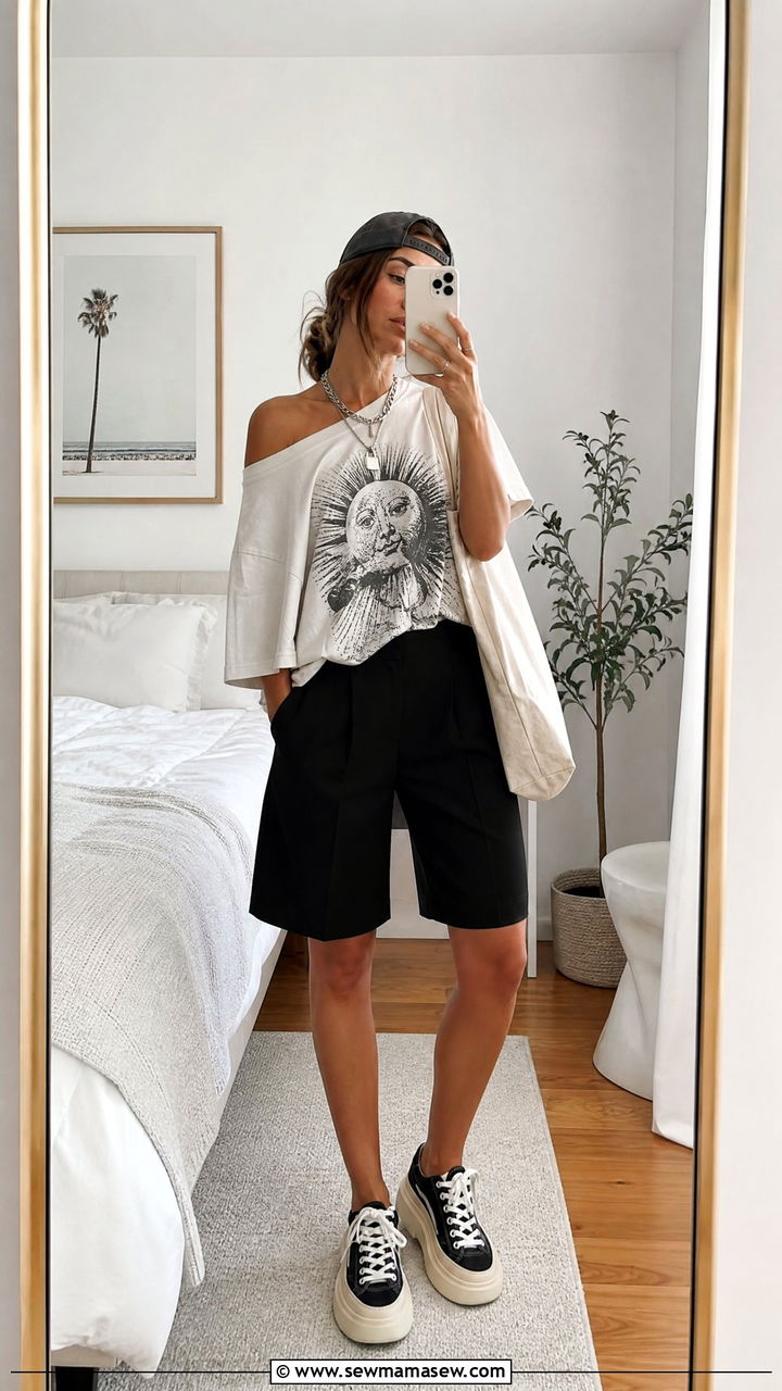 Oversized Tee With Bermuda Shorts - 25 chic bermuda shorts outfit ideas