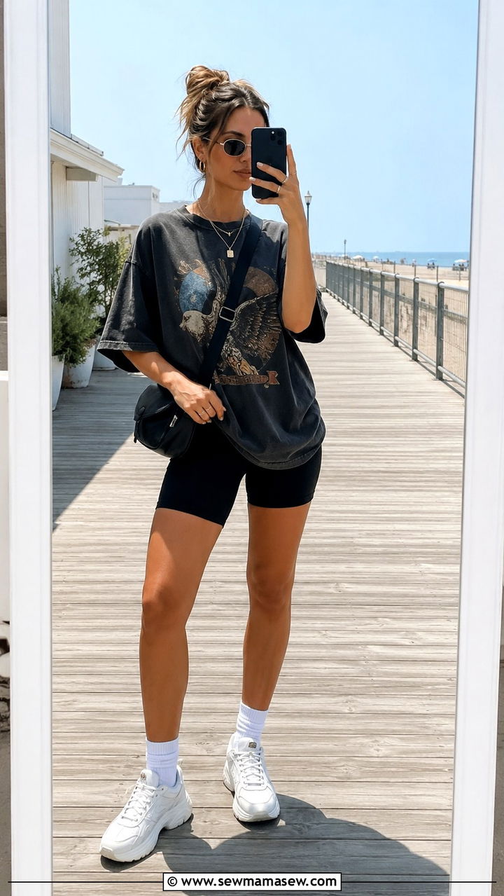 Oversized Tee With Biker Shorts - 25 Beach walk outfit ideas