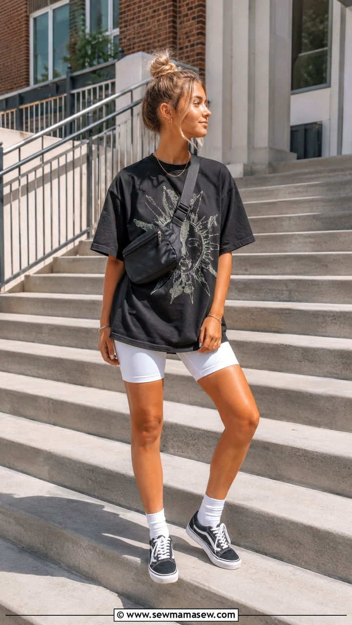 Oversized Tee With Biker Shorts - 30 School outfit ideas for teens hot weather