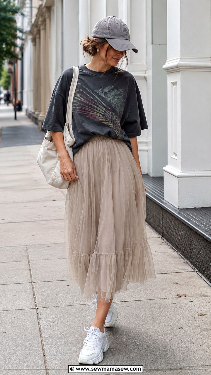 Oversized Tee With Midi Tulle Skirt Outfit - 20 Tulle skirt outfit ideas with a tee