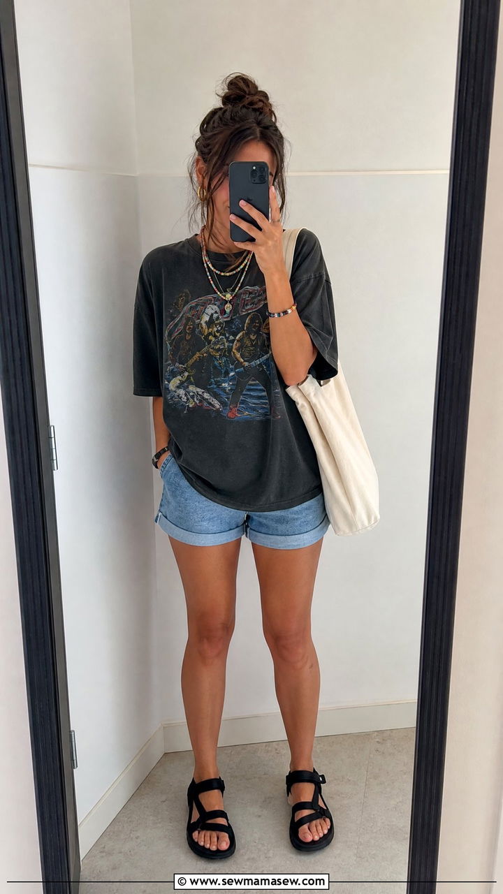 Oversized Tee and Denim Shorts Outfit - 25 Fashion for college freshman