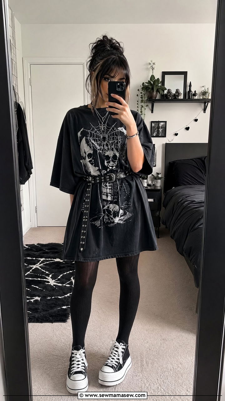 Oversized Tee as Dress with Fishnets - 35 E-girl outfit ideas