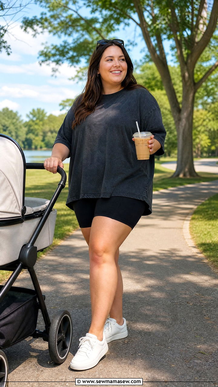 Oversized Tee with Biker Shorts and White Sneakers - 25 Plus size nursing outfit ideas