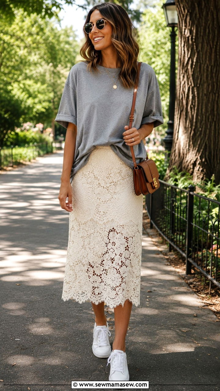 Oversized Tee with Lace Midi Skirt and Sneakers - 30 Midi skirt outfit ideas with a tee