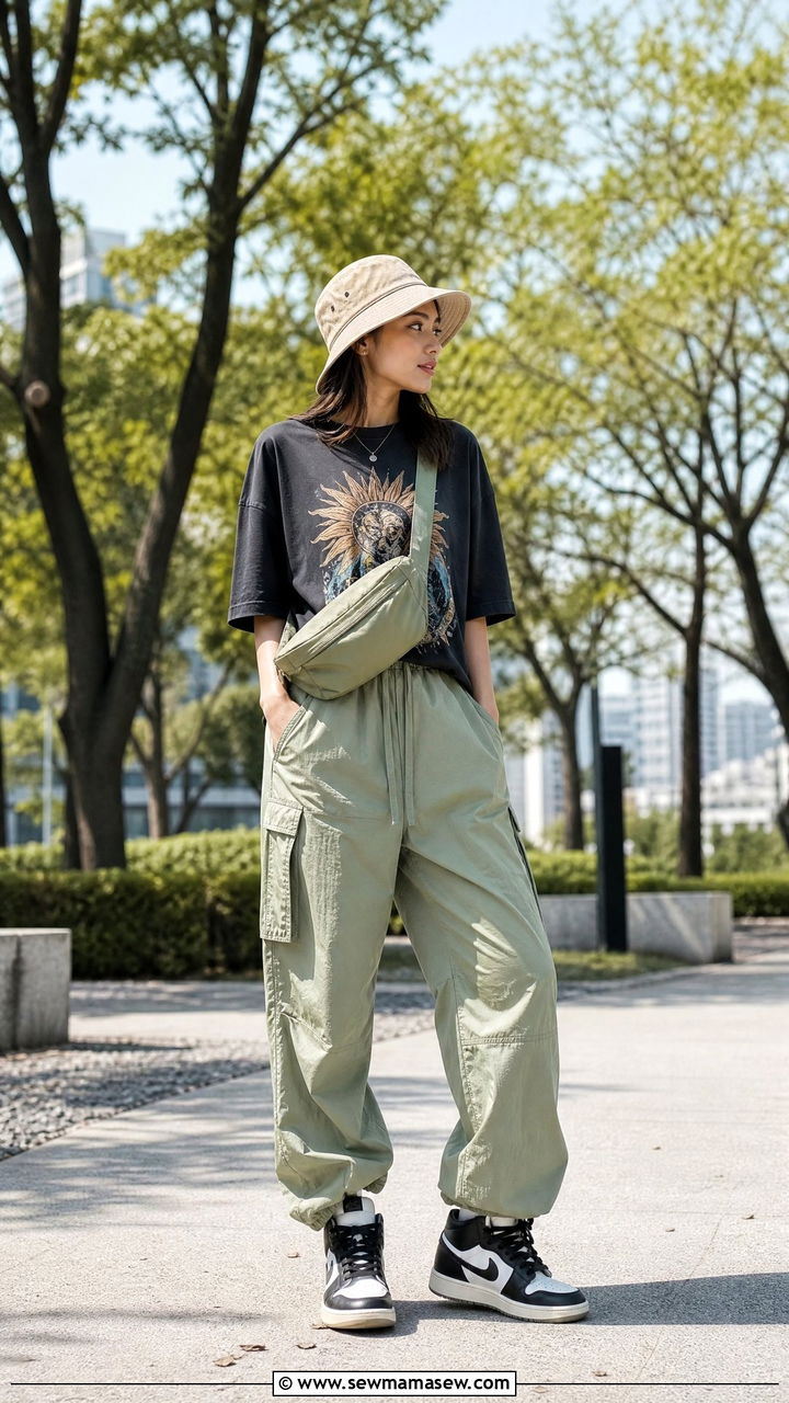 Oversized Tee with Parachute Pants - 30 streetwear outfits for women
