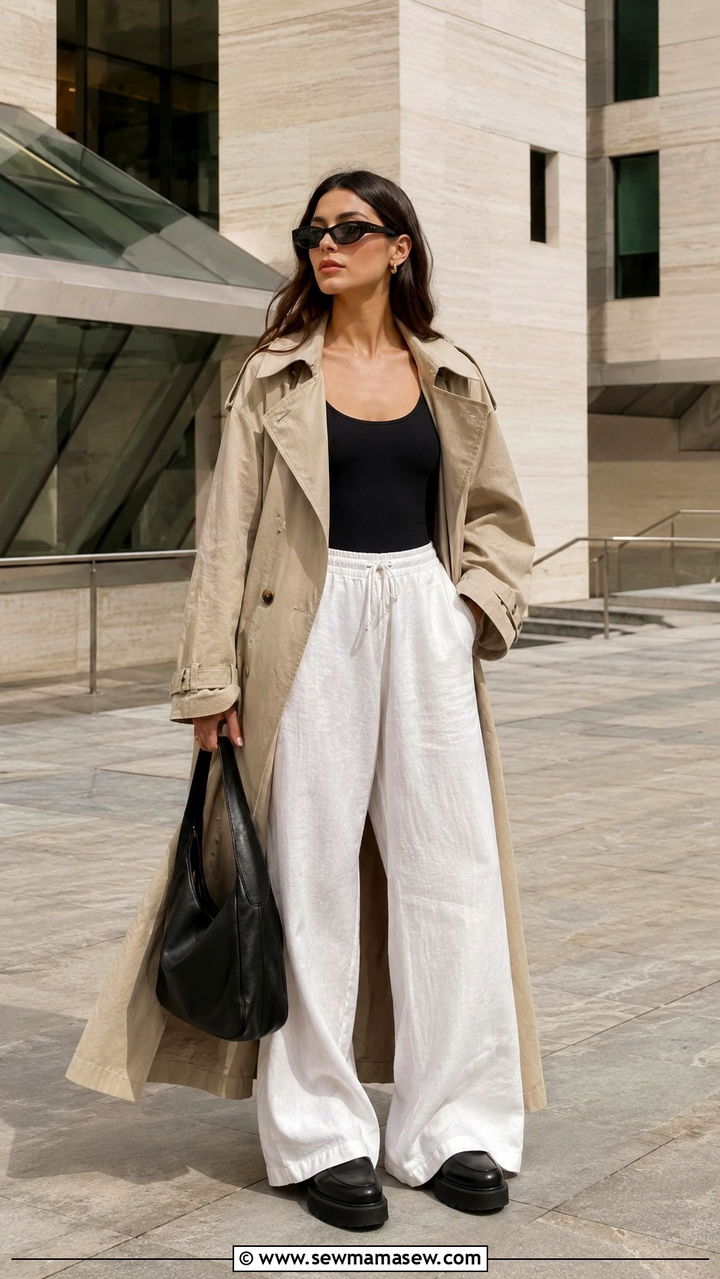 Oversized Trench Coat Linen Pants Outfit - 25 Wide leg linen pants outfit ideas with a trench coat