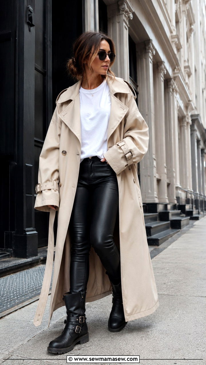 Oversized Trench Coat With Biker Boots - 30 Long trench coat outfit ideas with boots