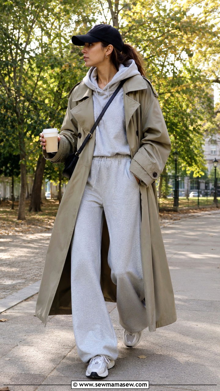 Oversized Trench Coat With Gray Wide Leg Sweatpants - 30 Long trench coat outfit ideas with wide leg pants