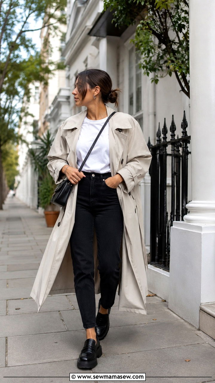 Oversized Trench Coat With High Waisted Jeans - 30 High waisted jeans outfit ideas with a trench coat