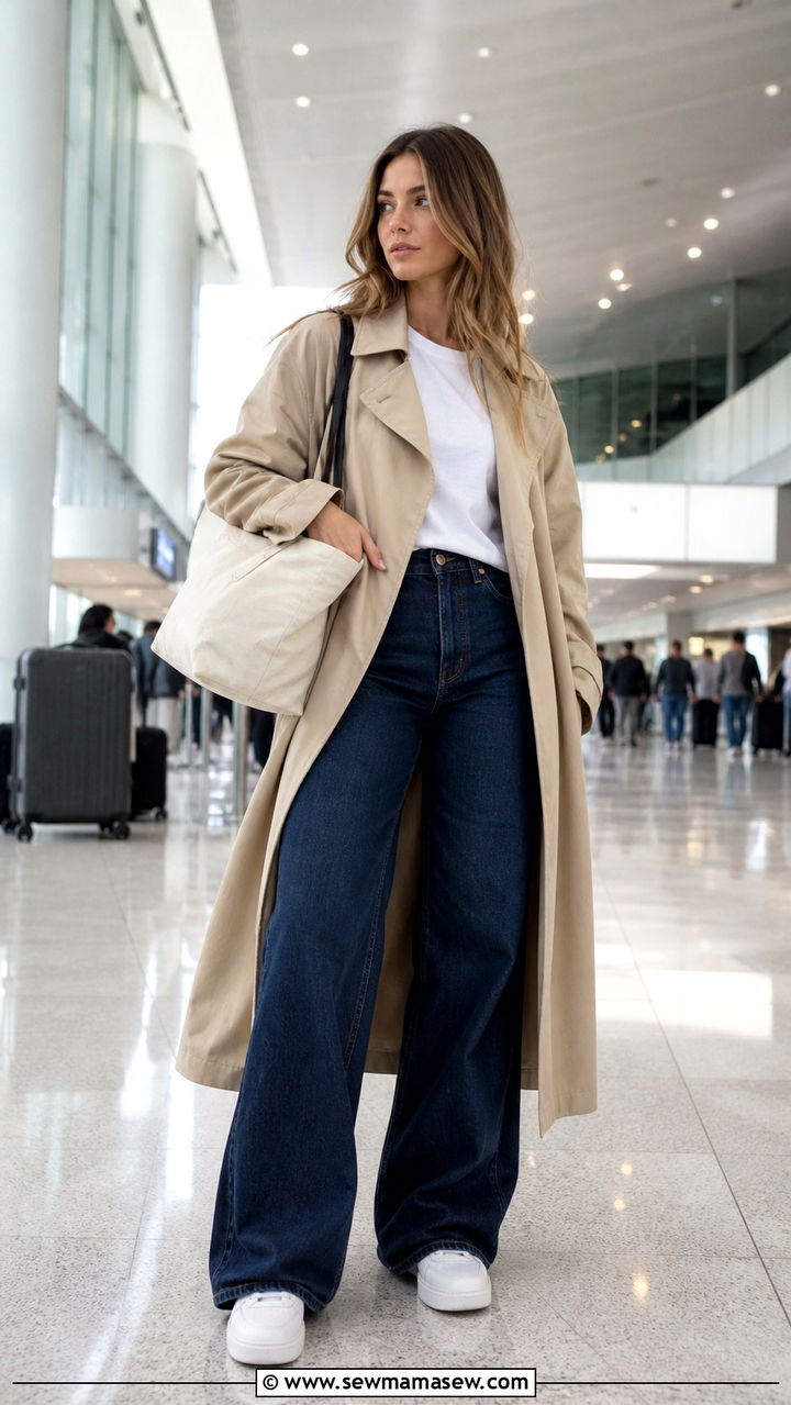Oversized Trench Coat and Wide Leg Jeans Airport Outfit - 40 travel outfits ideas