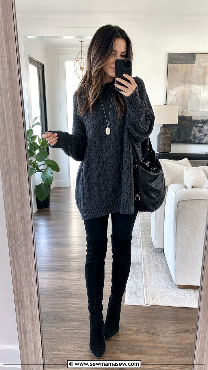 Oversized Tunic Sweater with Leggings and Over the Knee Boots - 40 Cozy spring outfits
