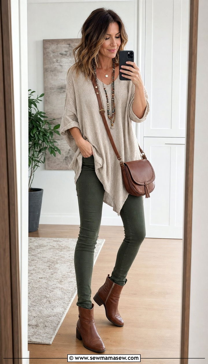 Oversized Tunic Top with Skinny Pants and Ankle Boots - 35 casual boho outfits