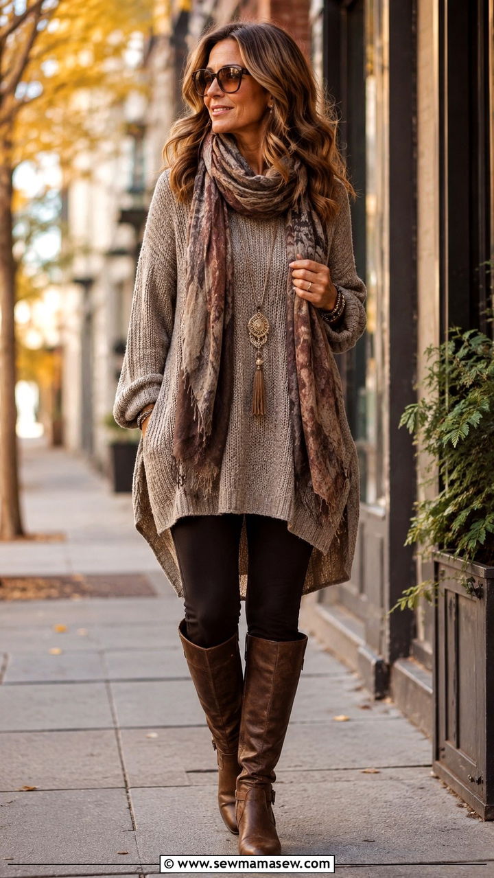 Oversized Tunic and Leggings with Knee High Boots - 30 boho chic outfit ideas for women over 40