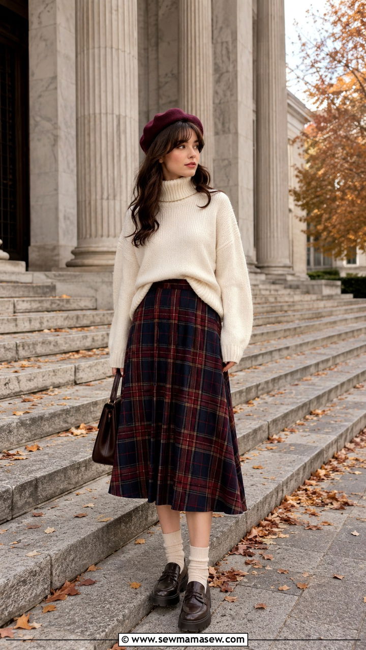 Oversized Turtleneck And Plaid Midi Skirt Outfit - 20 cute poetcore outfits