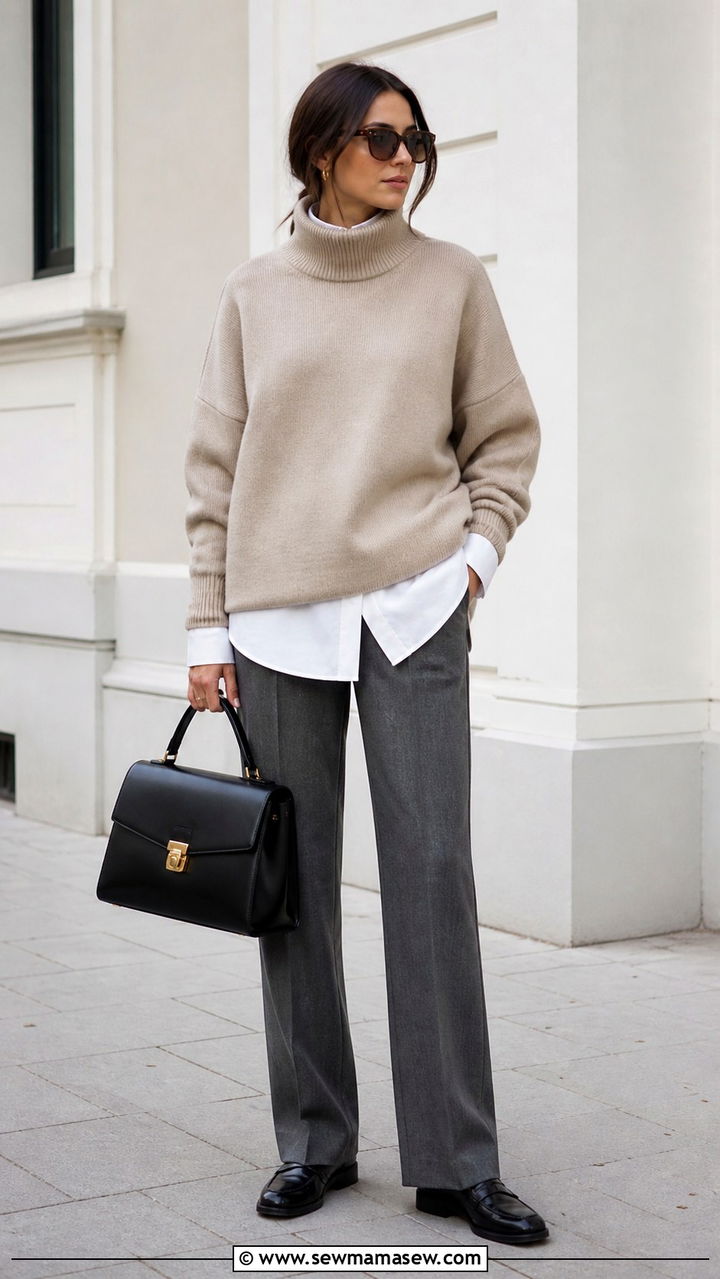 Oversized Turtleneck Over a Button Down Shirt - 40 Oversized turtleneck outfit ideas