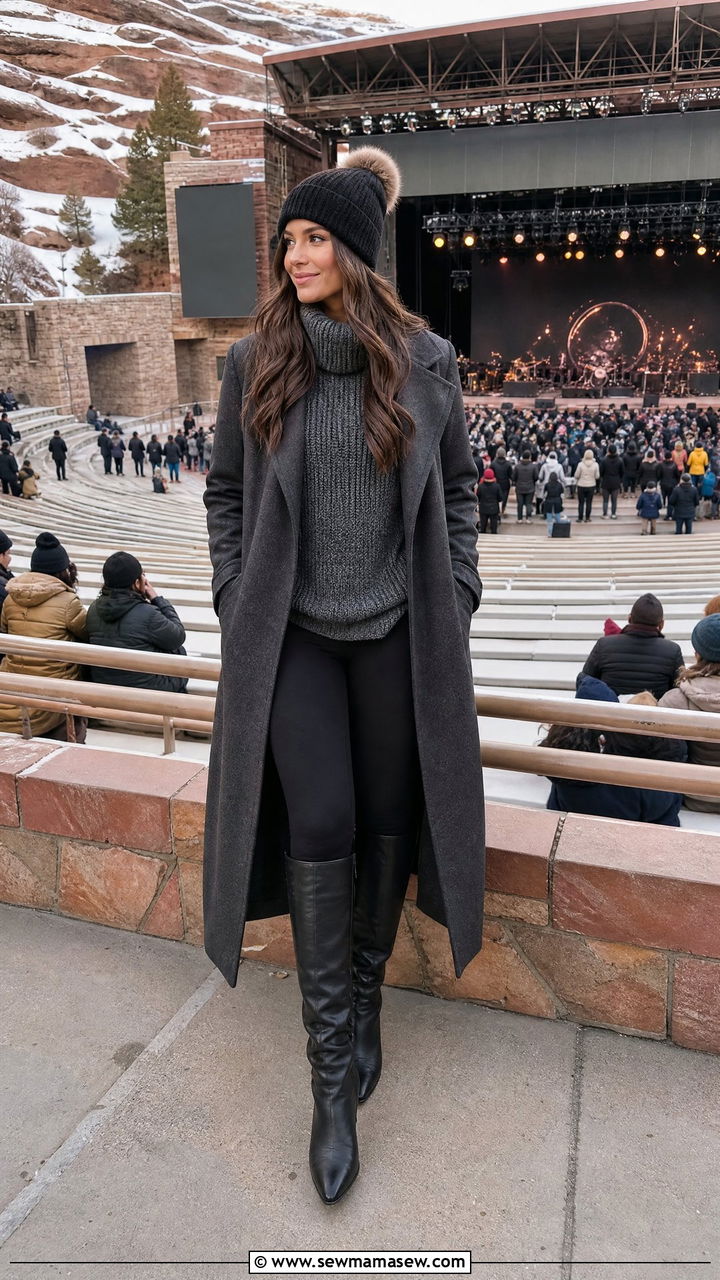Oversized Turtleneck Sweater with Fleece Lined Leggings and Knee High Boots - 30 Outdoor concert outfit ideas