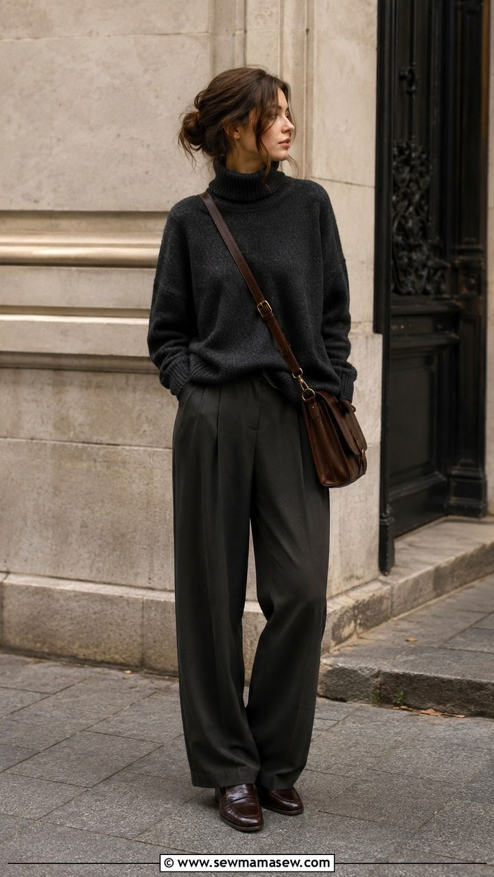 Oversized Turtleneck Wide Leg Trousers And Satchel - 25 poetcore outfits