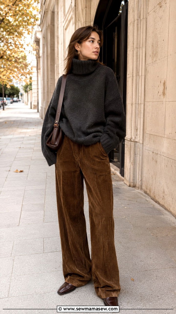 Oversized Turtleneck With Corduroy Trousers And Messenger Bag - 25 poetcore outfits ideas