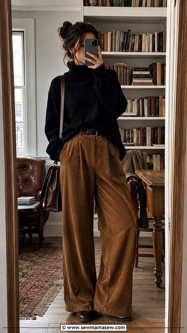 Oversized Turtleneck With Corduroy Trousers and a Messenger Bag - 30 casual poetcore outfits