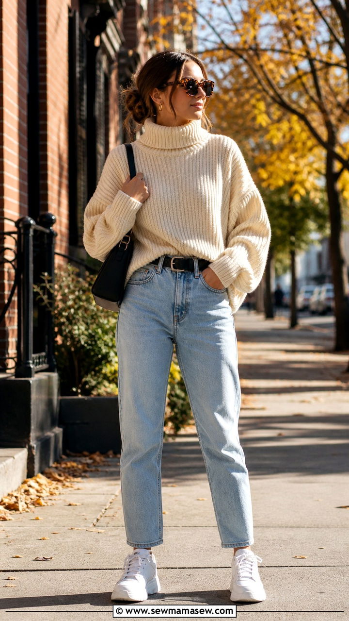 Oversized Turtleneck With Mom Jeans - 40 Oversized turtleneck outfit ideas