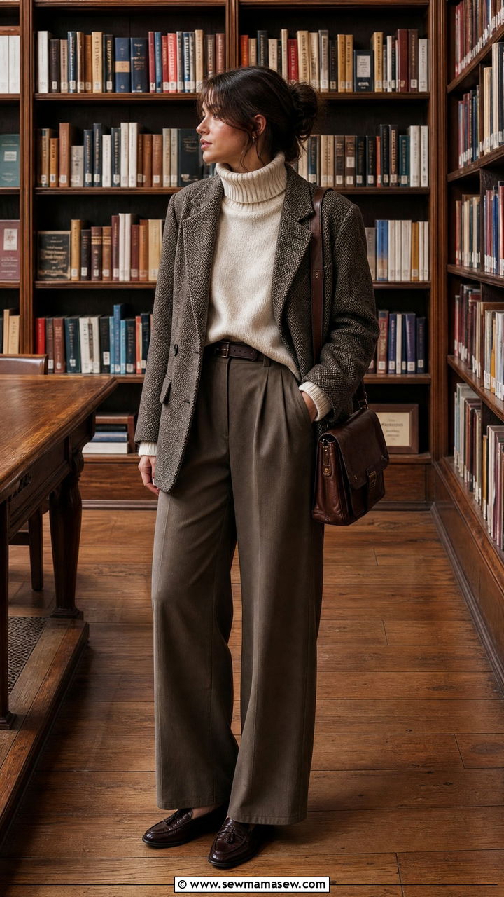 Oversized Turtleneck With Vintage Blazer And Wide Leg Trousers - 25 poetcore outfits inspo