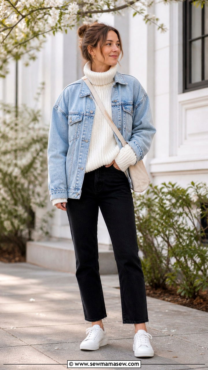 Oversized Turtleneck With a Denim Jacket - 40 Oversized turtleneck outfit ideas