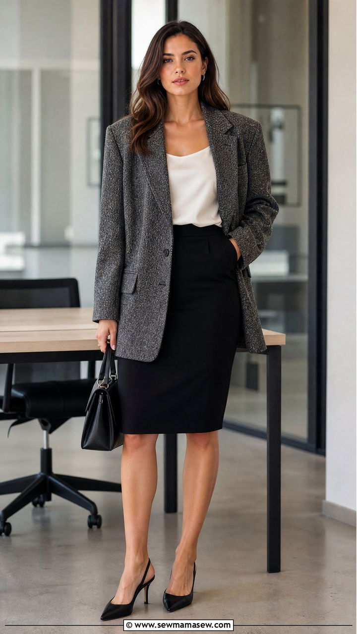 Oversized Tweed Blazer with Pencil Skirt Outfit - 30 Oversized blazer outfit ideas with a skirt