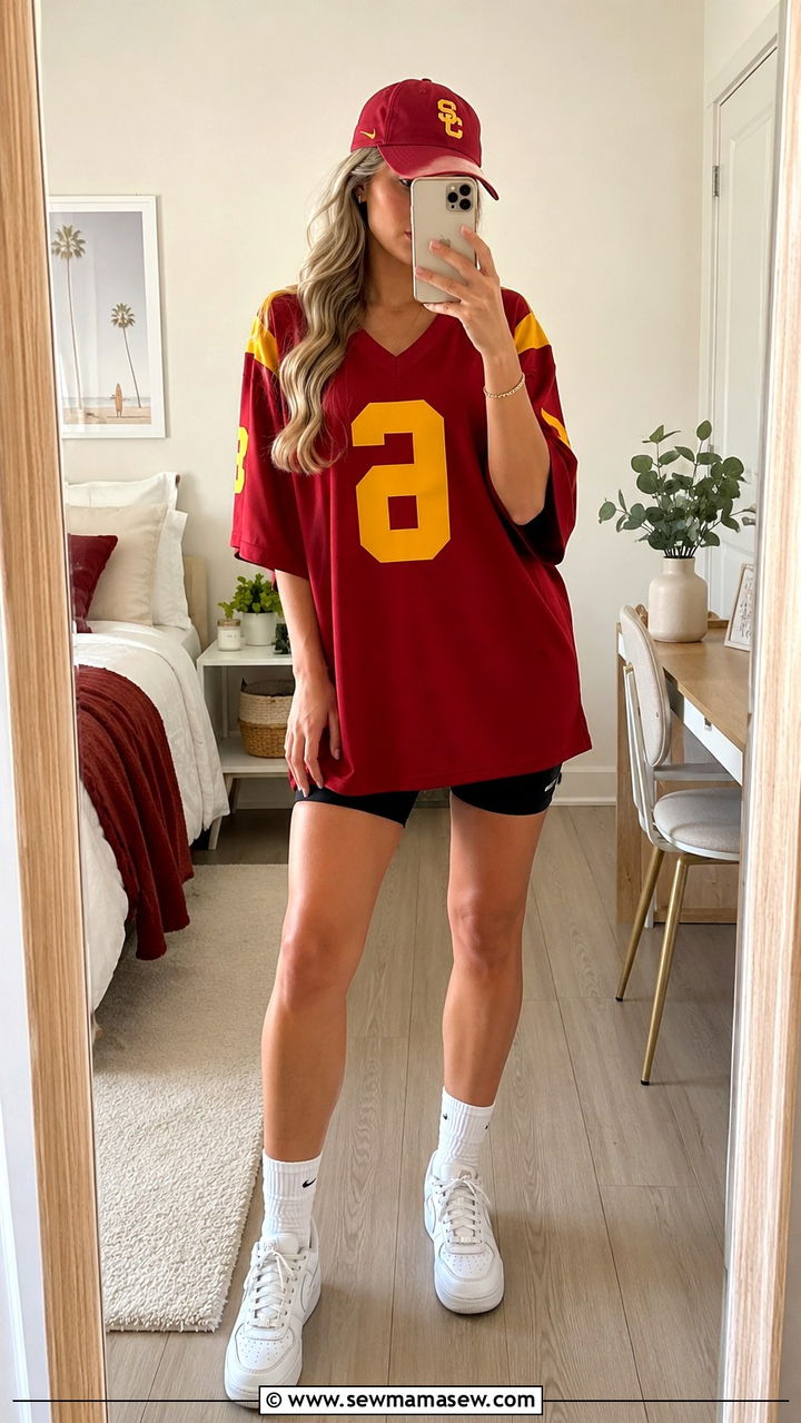 Oversized USC Jersey Outfit with Biker Shorts - 20 Gameday outfit ideas USC
