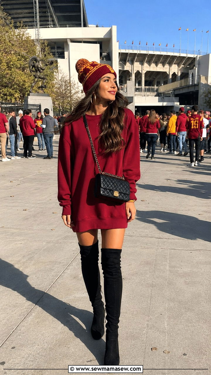 Oversized USC Sweatshirt Dress with Thigh High Boots - 20 Gameday outfit ideas USC