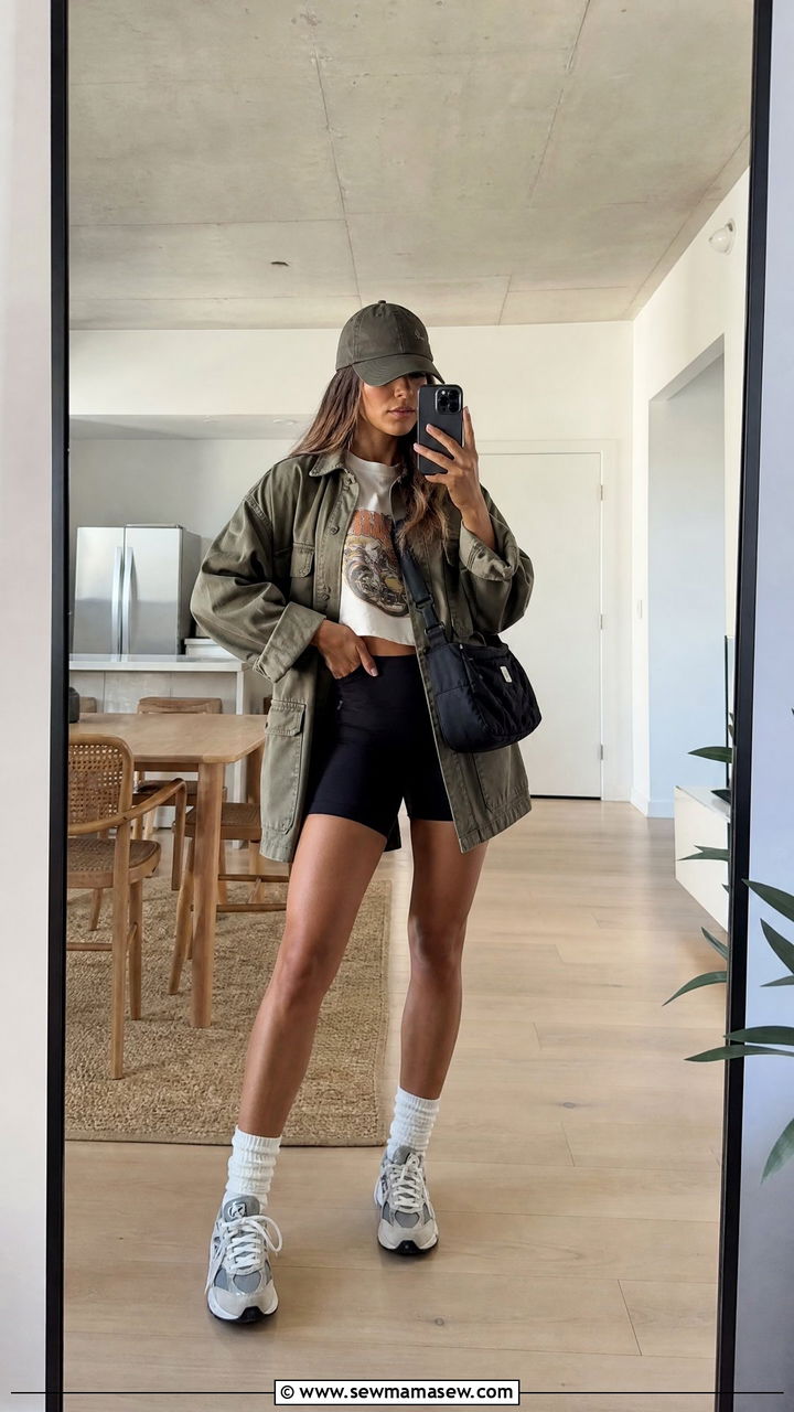 Oversized Utility Jacket With Biker Shorts Outfit - 30 Summer outfits with utility jacket