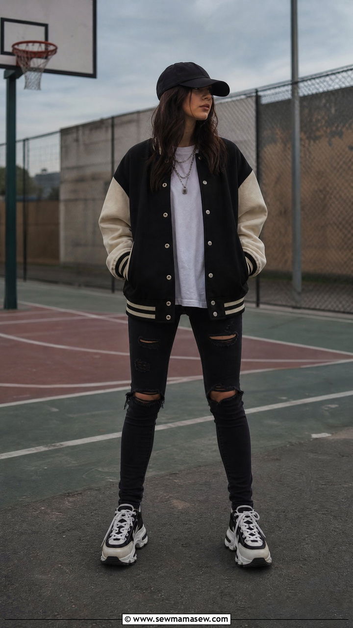 Oversized Varsity Jacket Over Ripped Jeans And Platform Sneakers - 40 grunge outfits