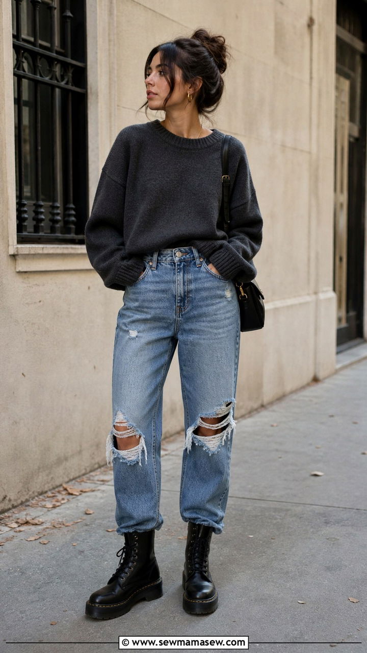 Oversized Vintage Sweater Distressed Jeans Combat Boots - 40 Grunge outfit ideas